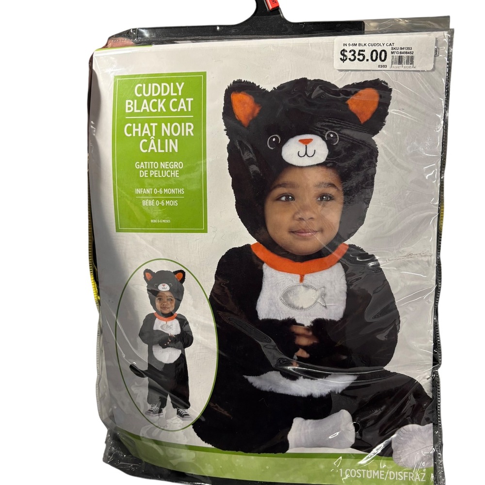Cuddly Black Cat Costume Infant Halloween Jumpsuit Hood Detachable‎ Tail 0-6 Mo